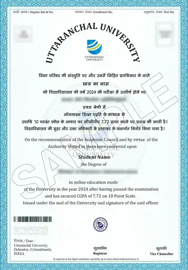 Uttranchal University Sample Degree